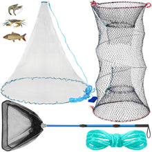 Load image into Gallery viewer, Windyun 3 Pcs Fishing Cast Net with Heavy Duty Sinker Portable Folded Lobster Crab Trap Fishing Net with Long Robust Telescopic Handle Freshwater Saltwater Bait Fishing Accessories (4 Ft)
