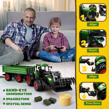 Load image into Gallery viewer, Remote Control Tractor Toy, Kids RC Tractor Set &amp; Truck and Trailer Front Loader - Metal Car Head/8 Wheel/Light, Toddlers Farm Vehicle Toys
