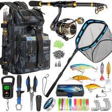 Load image into Gallery viewer, THKFISH Telescoping Fishing Rod and Reel Combo with Backpack, Carbon Fiber Travel Fishing Pole Spinning Reel Kit with Fishing Lures, Fishing Net (Camo Backpack with Fishing net &amp; Rod, 1.8M 6FT)
