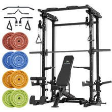 Load image into Gallery viewer, Major Fitness Drone3 Smith Machine, All-in-One Home Gym Squat Rack with Cable Crossover &amp; Pull-Up Station, Heavy-Duty Strength Training (D3SMS-BLK (with Bench Elite BK &amp; 230LB CLR BP-NEW)
