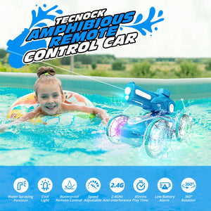 Amphibious Remote Control Car Boat for Kids, 2.4GHz 4WD Water Squirt RC Stunt Car with LED Lights, 45-Minute Playtime
