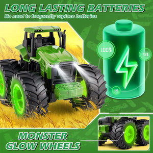 Remote Control Tractor Toys, Light Up Farm Monster Trucks Toy, 2.4 Ghz RC Tractor Toys