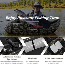 Load image into Gallery viewer, Goplus Inflatable Float Tube, Fishing Belly Boat w/Paddle, Flippers, Fish Ruler, Pump, Storage Bag, Adjustable Straps, 350LBS Load Capacity (Camouflage, W/Rod Holder)
