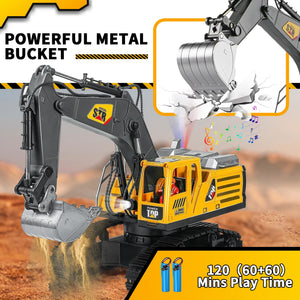 Remote Control Excavator Toys for Boys, 14 Channel 2.4Ghz RC Digger Metal Shovel with Spray, Lights, Sounds, 1:14 Construction Toys