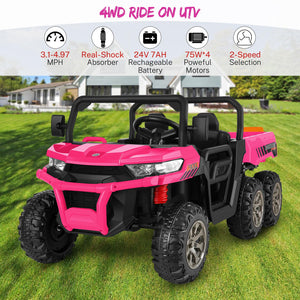 24V Ride On Dump Truck 2 Seater, XXL, 6 Anti-Slip Wheelers, Kids Electric UTV with Dump Bed, Shovel, Music Player, LED Light, Pink