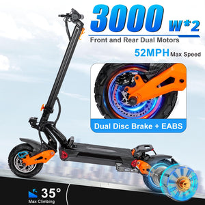 Electric Scooter for Adults - 6000W Dual Motor Offroad Electric Scooter Up to 52MPH, Range to 60+ Miles, 11 inch Tubeless Tires