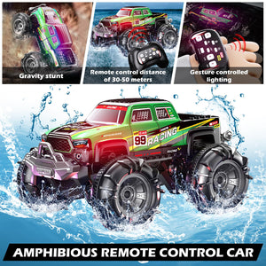 Remote Control Amphibious Monster Truck, 2.4GHz Dual Control with Watch & Controller, 360° Rotating RC Car (Green)