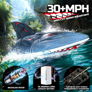 Fast Brushless RC Boat for Adults, 30+MPH 3S High Speed Remote Control Boat, Self-righting 2.4Ghz Speed Shark with LED Lights