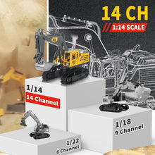 Load image into Gallery viewer, Remote Control Excavator Toys for Boys, 14 Channel 2.4Ghz RC Digger Metal Shovel with Spray, Lights, Sounds, 1:14 Construction Toys
