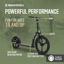 Load image into Gallery viewer, Foldable Badger Electric Scooter with Seat - Matte Black - 350W Motor 36V Battery, Large Wheels, Disc Brakes with Lights, Horn &amp; Charger

