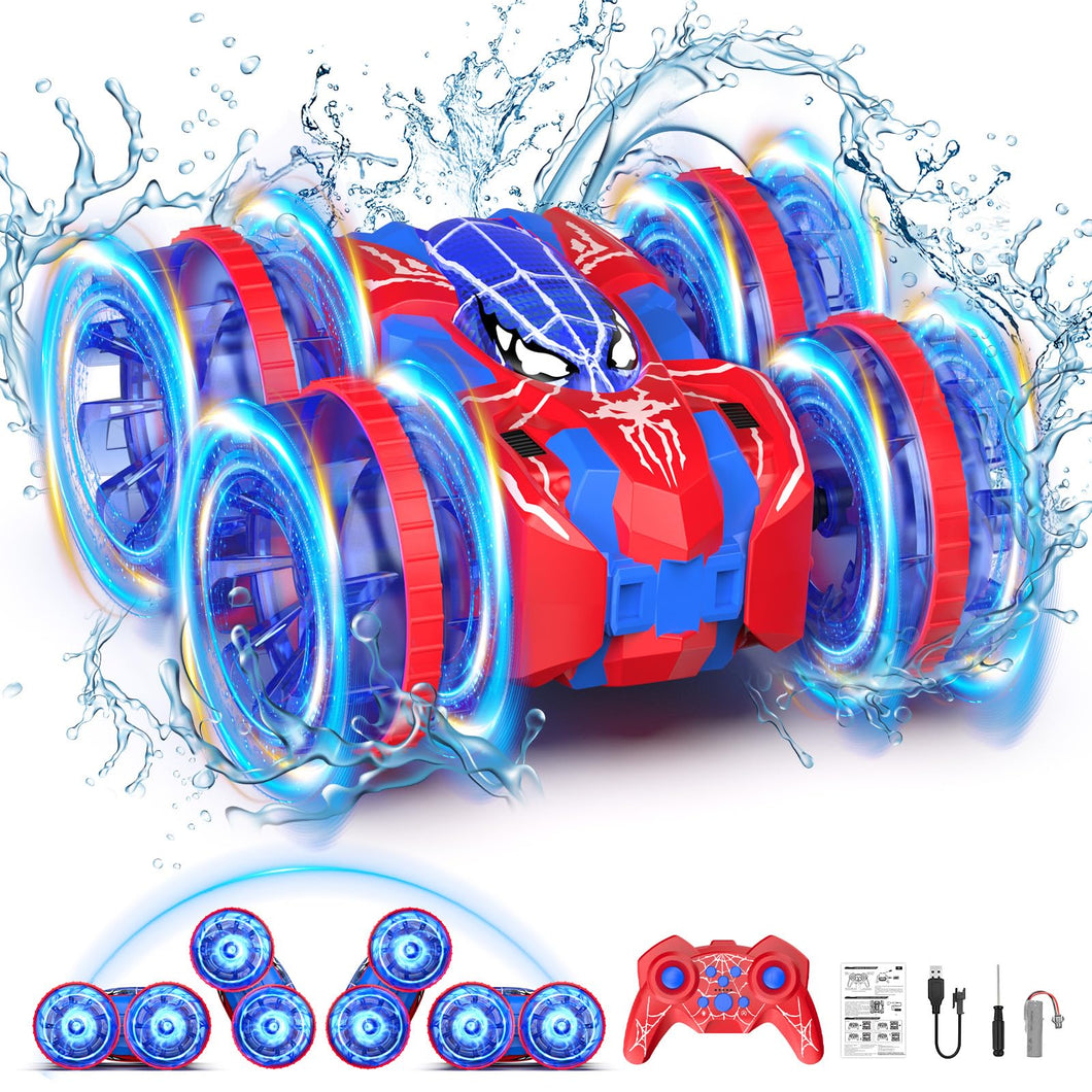 Waterproof Remote Control Car，4WD Amphibious 2.4 GHz RC Car Remote Control Boat，360°Rotation RC Stunt with LED Lights