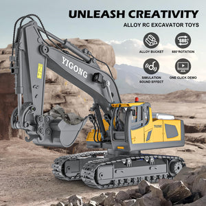Remote Control Excavator Toy, Rechargeable 11 Channel 2.4Ghz RC Construction Vehicles with Metal Shovel for Kids, 680° Rotation