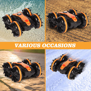 Amphibious RC Car for Kids, 4WD 2.4GHz Stunt Vehicle with Gesture & Remote Dual Control, 360° Spins