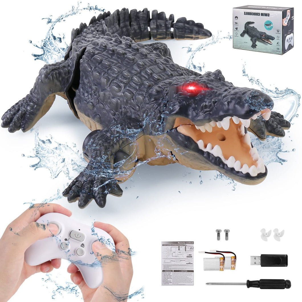 RC Crocodile Boat,2.4GHz Alligator with Glowing Eyes, RC High Simulation Crocodile RC Boat Lake & Pool Toy, USB Rechargeable
