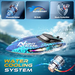 RC Remote Control Boat with 7LED Light Modes for Adults Kids 8-12 Pool Lakes, Waterproof 25KMH Electric Fast Boat with Self-righting