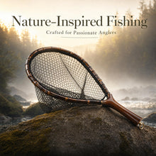 Load image into Gallery viewer, Premium Handcrafted Fly Fishing Net with Natural Bamboo Frame, Rubber Hex Mesh, Brass Lanyard Ring, Trout Stream Size
