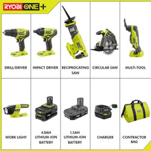 Load image into Gallery viewer, RYOBI P1819 18V One+ Lithium Ion Combo Kit (6 Tools: Drill/Driver, Impact Driver, Reciprocating Saw, Circular Saw, Multi-Tool, LED Worklight, 4.0 Ah &amp; 1.5 Ah Battery, Charger, Bag)
