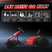 Load image into Gallery viewer, 24V Electric Drifting Go Kart for Kids, Electric Ride On Toy w/85 * 2 Motors, 8mph Max Speed, Safety Belt, Music, Horn, USB (Red)
