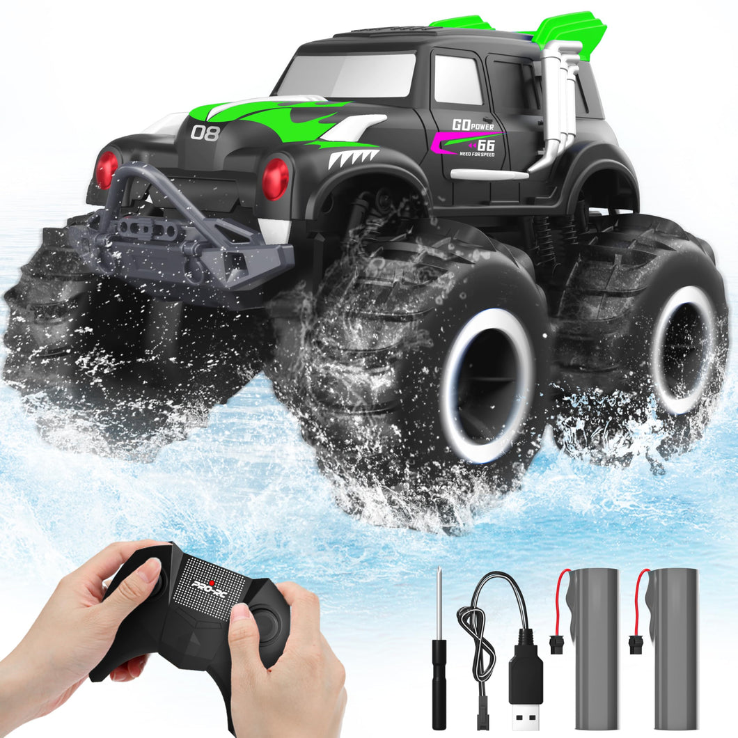 Remote Control Monster Truck - Amphibious Remote Control Car for Kids, All Terrain 4WD Off-Road RC Trucks with 2 Rechargeable Batteries