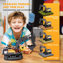 Load image into Gallery viewer, RC Excavator Toy for Boys -11CH Remote Control Excavator with Metal Shovel, Lights, Sound &amp; Spray, 2×600mAh Rechargeable
