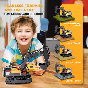 RC Excavator Toy for Boys -11CH Remote Control Excavator with Metal Shovel, Lights, Sound & Spray, 2×600mAh Rechargeable
