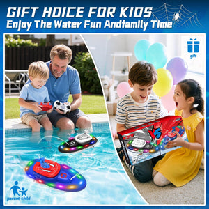 Spider-Shaped Remote Control Boat for Pool, RC Boats 2-Pack Summer Toys with Water Spray for Kids, LED Lights (Blue & Red)