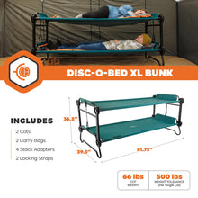 Load image into Gallery viewer, Disc-O-Bed Extra Large Portable Bunk Camping Cots with Carry Bags - Heavy-Duty Indoor or Outdoor Sleeping System, Converts to Bench or Separate Beds, 500 lb Weight Capacity Per Cot, Green

