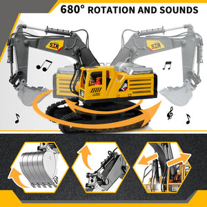Remote Control Excavator Toys for Boys, 14 Channel 2.4Ghz RC Digger Metal Shovel with Spray, Lights, Sounds, 1:14 Construction Toys
