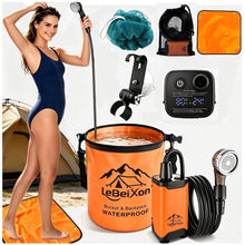 Load image into Gallery viewer, LeBeiXon 7-Piece Camping Shower Kit with Shower Pump, Foldable Bucket, 6.5ft (2m) Hose, 180° Adjustable Metal Hook, Shower mat, loofah, and mesh Storage Bag.
