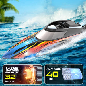 RC Boat, 14 inch Remote Control Boat - Self-righting, 40 Min Dual-Battery, 32 KPH Fast RC Boats for Kids & Adults with LED Lights