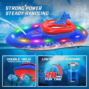 Spider-Shaped Remote Control Boat for Pool, RC Boats 2-Pack Summer Toys with Water Spray for Kids, LED Lights (Blue & Red)