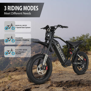 Electric-Motorcycle for Adults-Teens Age 16+, 60V 4000W Peak Moped-Style-Ebike, 43-49MPH, 20" Fat-Tire-Electric-Bike, 1500Wh