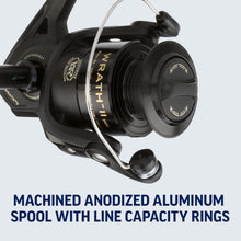 Load image into Gallery viewer, PENN Wrath II Saltwater Spinning Fishing Reel, Size 2500, Right/Left Handle Position, Corrosion-Resistant Graphite Body, Machined Anodized Aluminum Spool
