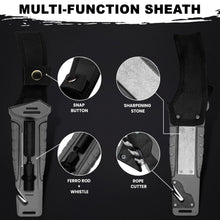 Load image into Gallery viewer, Naifu Bushcraft 6-in-1 Survival Knife — Full Tang Fixed Blade Hunting Knife with Sheath, 4.33 Inch Drop Point Blade, Built-in Sharpening Stone, Ferro Rod Fire Starter, Whistle, Glass Breaker &amp; Paracord — Camping, Bushcraft, EDC Gear
