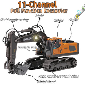 RC Excavator with Lights and Sound, 11-Channel Remote Control Heavy Equipment Toy Construction Vehicles Toys
