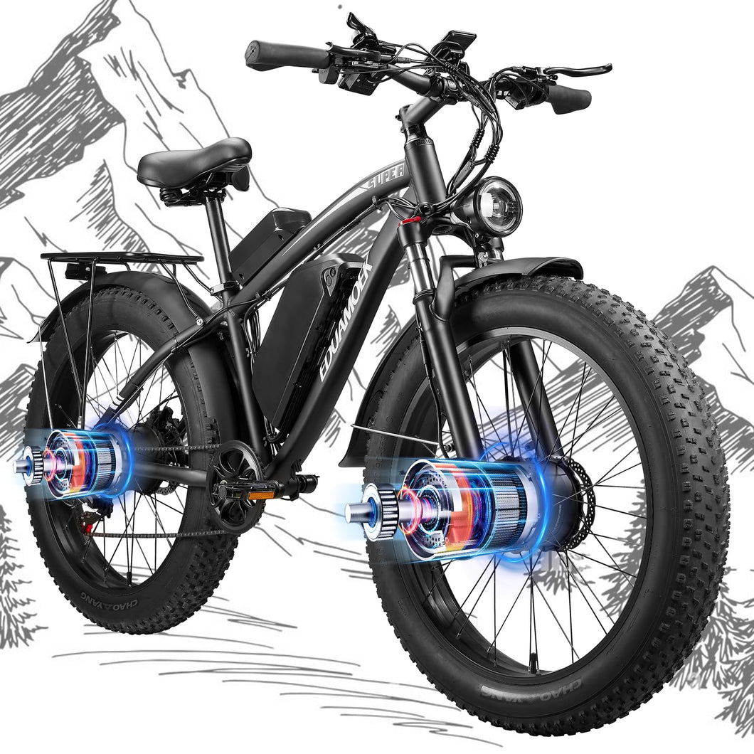 EDUAMOEK Dual Motor Ebike for Adults, 52V 23AH Large Battery Men Adult Fat Tire Electric Bike Peak 4000W 37MPH Electric Bicycles 7 Speed with Front Fork Suspension