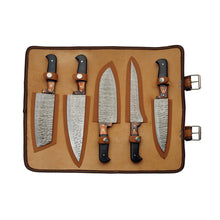 Load image into Gallery viewer, SZCO Kitchen Hammered Knife Roll Set 5PC, Wood Handle Chef Knife Set
