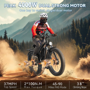 EDUAMOEK Dual Motor Ebike for Adults, 52V 23AH Large Battery Men Adult Fat Tire Electric Bike Peak 4000W 37MPH Electric Bicycles 7 Speed with Front Fork Suspension
