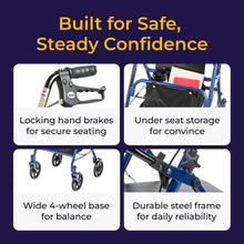 Load image into Gallery viewer, Drive Medical Rollator Walker with Seat - Stable Mobility Support - Height Adjustable - Durable Steel Frame Construction - Smooth 7.5" Wheels - Foldable - 350 Lb Limit - Blue
