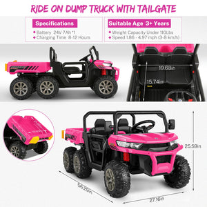 24V Ride On Dump Truck 2 Seater, XXL, 6 Anti-Slip Wheelers, Kids Electric UTV with Dump Bed, Shovel, Music Player, LED Light, Pink