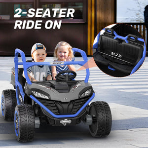 24V 2 Seater Ride On Dump Truck, 4x75W, Max 5 Mph, EVA Tire, Kids Electric Car with Electric Dump Bed, Shovel, Music, 24V Ride On Toy, Blue
