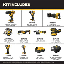 Load image into Gallery viewer, DEWALT 20V MAX 5Ah, Brushless 9 Power Tools with Battery, Charger, Drill, Impact Driver, Reciprocating Saw, Circular Saw, Oscillating Tool, Grinder, Orbit Sander, Impact Wrench, Flashlight (DCK921P1)
