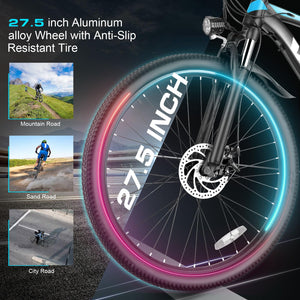 Electric Bike, 27.5" Electric Bike for Adults, Peak 750W Ebike 22MPH Electric Mountain Bike with 48V 499.2WH Battery