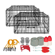 Load image into Gallery viewer, VEVOR Crab Trap, 2 Packs, 24.4x24.4x11.8 inch Heavy Duty Large Crab Pot Trap for Dungeness, Black PVC Coated Wire Mesh for Stealth, with Gauge, Red/White Float, 100ft Leaded Core Rope, and Gloves
