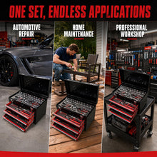 Load image into Gallery viewer, 439 Pieces Mechanic Tool Set with 3-Drawer Metal Tool Box, Complete Socket Wrench Screwdriver Pliers Kit, Heavy Duty Steel Storage Chest for Auto Repair, Household and Garage DIY Projects
