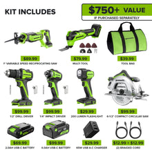 Load image into Gallery viewer, GREENWORKS 24V (6-Tool) Combo (Drill, Impact Driver, Circular Saw, Reciprocating Saw, Multi-Tool, Flashlight), 4.0Ah + 2.0Ah (24,000mAh Power Bank) Batteries, (2) Cables, 65W Rapid Charger
