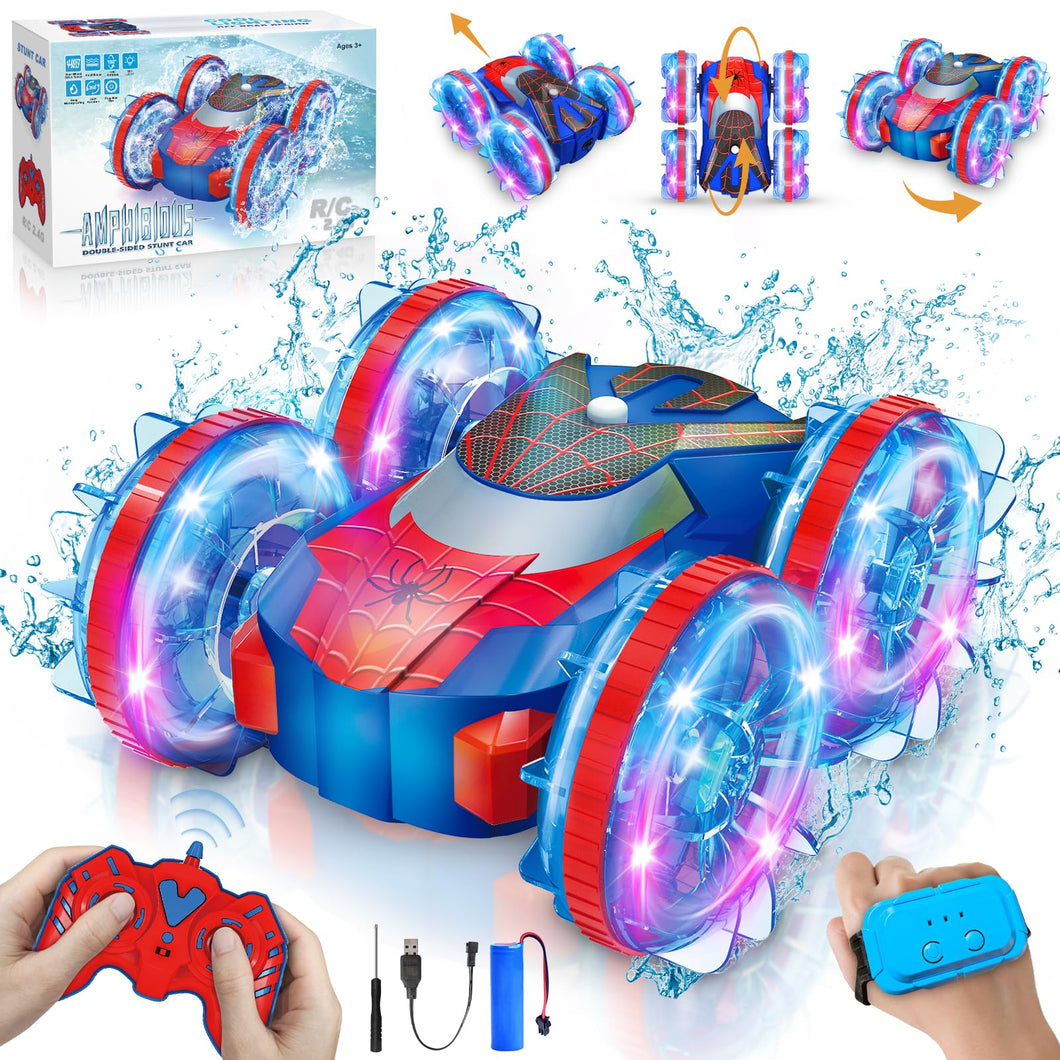 Remote Control Amphibious Car with LED Lights, 360° Rotation 4WD Waterproof, Gesture and Handle Remote, 1200mAh Battery, Ages 4-12