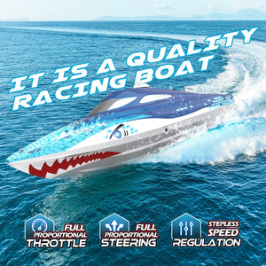 Full Proportional Remote Control Boat with LED Lights, Shark Graffiti, 20+ MPH,2.4GHz High Speed RC Racing Boats