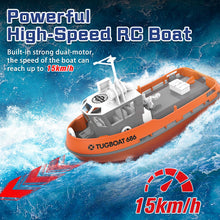 Load image into Gallery viewer, RC Boat, 1/72 RC Tugboat for Pools and Lakes, High-Speed Remote Control Boat with 40 Mins Play Time and Low Battery Reminder for Adults and Kids
