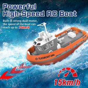 RC Boat, 1/72 RC Tugboat for Pools and Lakes, High-Speed Remote Control Boat with 40 Mins Play Time and Low Battery Reminder for Adults and Kids